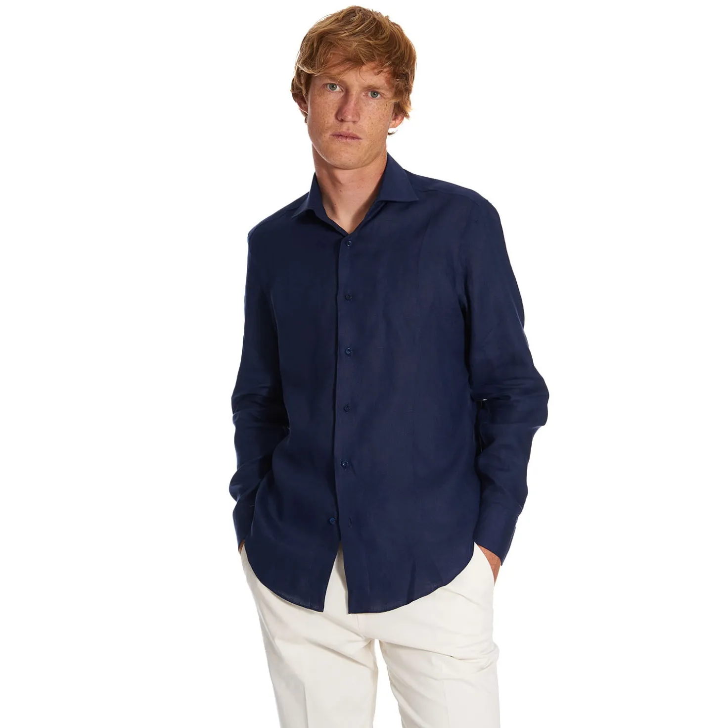 CAMICIA IN LINO BLU NOTTE Con bottoni in madreperla