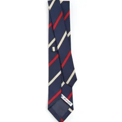 CRAVATTA REGIMENTAL IN SETA BLU SCURO Righe rosse e beige