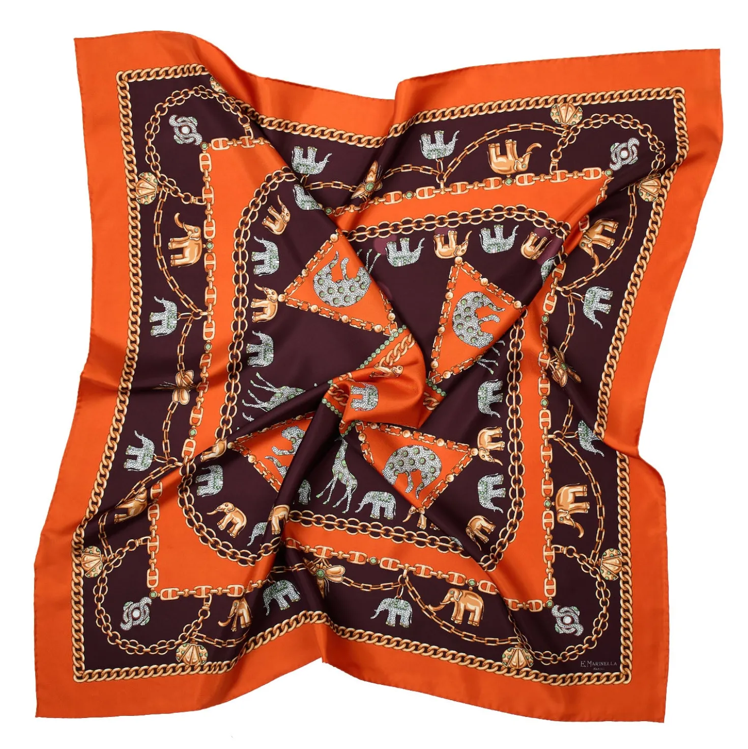 FOULARD IN SETA 90 ARANCIONE Elefanti portafortuna