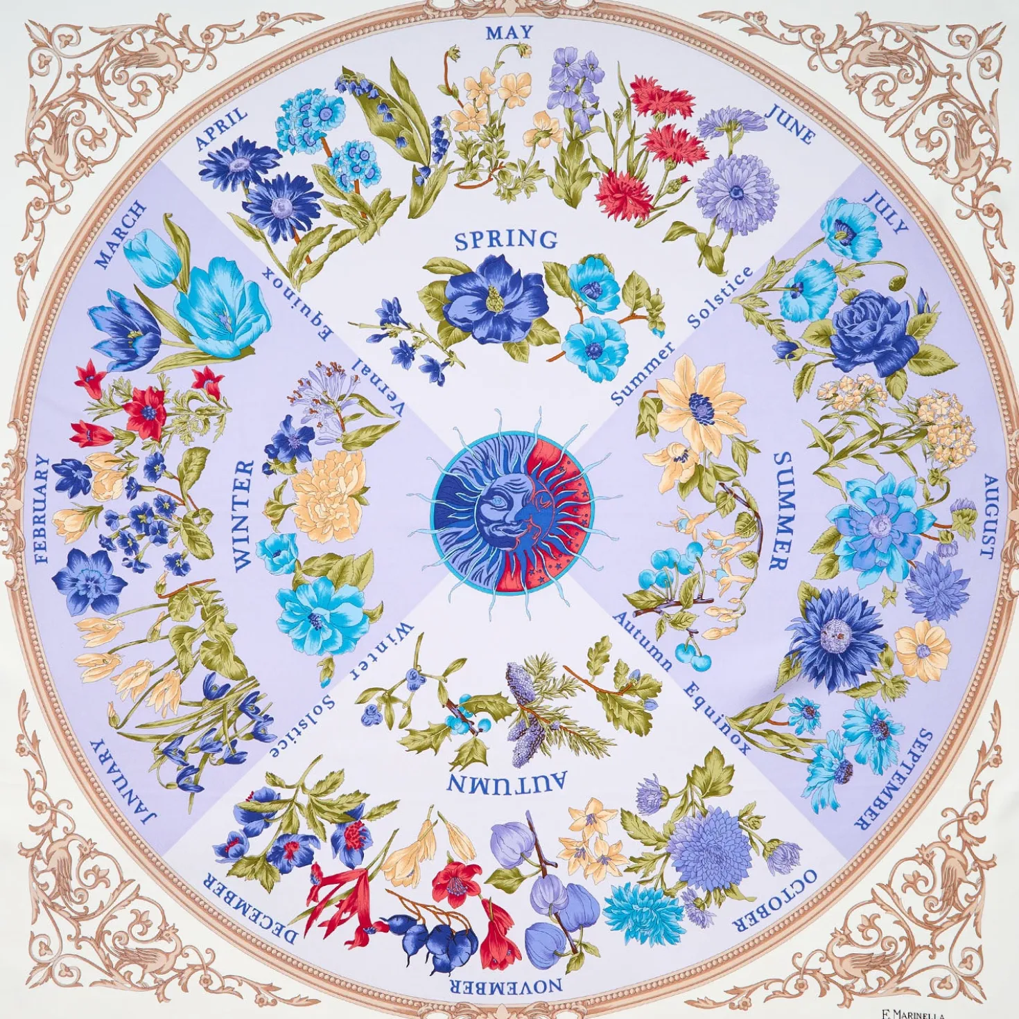 FOULARD IN SETA 90 AZZURRO La ruota delle stagioni