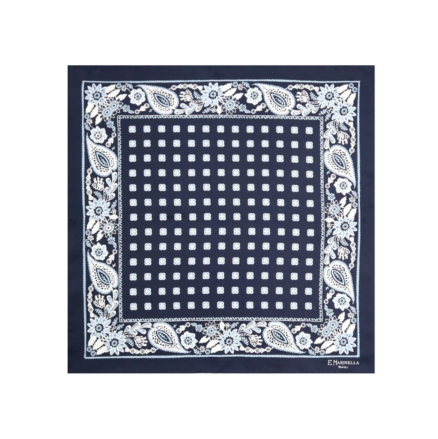 POCHETTE DA TASCHINO IN SETA STAMPATA A MANO BLU SCURO Microfantasia fiore